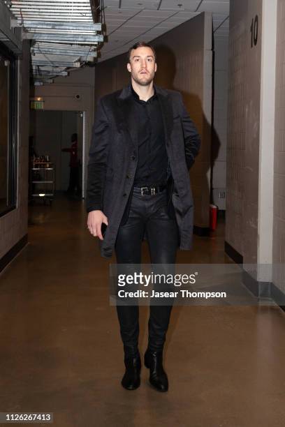 Miles Plumlee of the Atlanta Hawks arrives for the game against the New York Knicks on February 14, 2019 at State Farm Arena in Atlanta, Georgia....