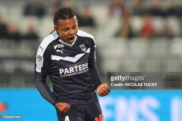 Bordeaux's French defender Jules Kounde reacts during the French L1 football match between Girondins de Bordeaux and En avant de Guingamp on February...
