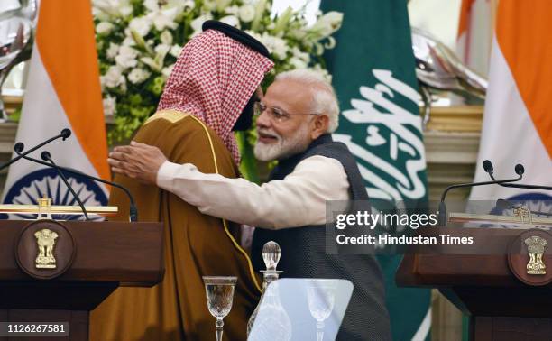 Prime Minister Narender Modi and Mohammed Bin Salman Bin Abdulaziz Al-Saud, Crown Prince of Saudi Arabia during the joint press conference at...