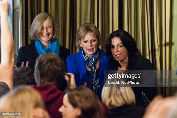 MPs Anna Soubry , Sarah Wollaston and Heidi Allen pose for photographers at a press conference in central London on 20 February after quitting the...