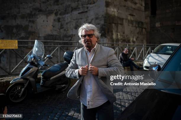 Co-Founder and Leader of Five-Star movement Beppe Grillo, speaks to the media, on February 20, 2018 in Rome, Italy.