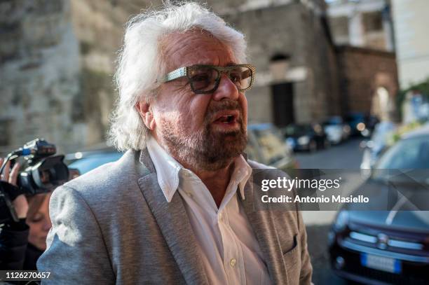 Co-Founder and Leader of Five-Star movement Beppe Grillo, speaks to the media, on February 20, 2018 in Rome, Italy.