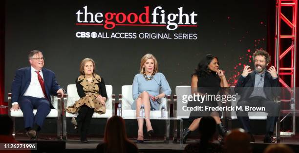 Robert King, Michelle King, Christine Baranski, Audra McDonald, and Michael Sheen of the television show "The Good Fight" speak during the CBS...