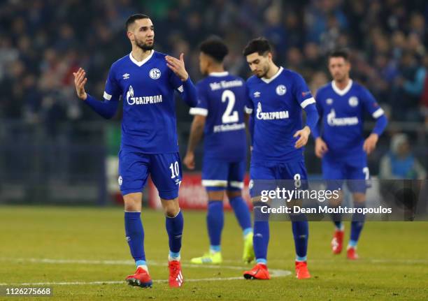 Nabil Bentaleb of FC Schalke 04 celebrates after scoring his team's second goal from the penalty spot during the UEFA Champions League Round of 16...