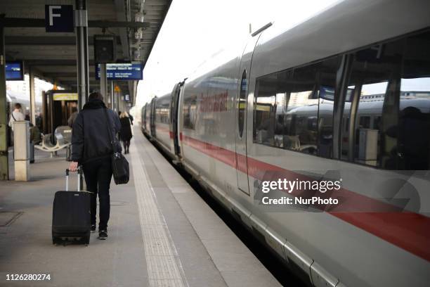 Man with a suitcase walks near a train at the main station of trains in Stuttgart, Germany, on 20 February 2019.