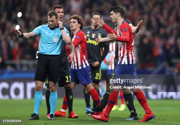 Alvaro Morata of Atletico Madrid reacts to his team's first goal being disallowed by VAR during the UEFA Champions League Round of 16 First Leg match...