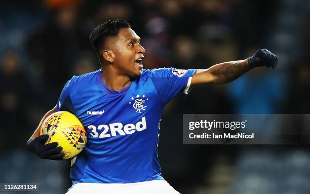 Alfredo Morelos of Rangers celebrates at the final whistle after scoring four goals during the Scottish Cup 5th Round Replay between Rangers and...