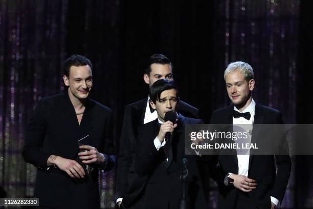 British band 'The 1975', Matthew Healy, Ross MacDonald, George Daniel and Adam Hann speak after collecting their British Album of the Year award...
