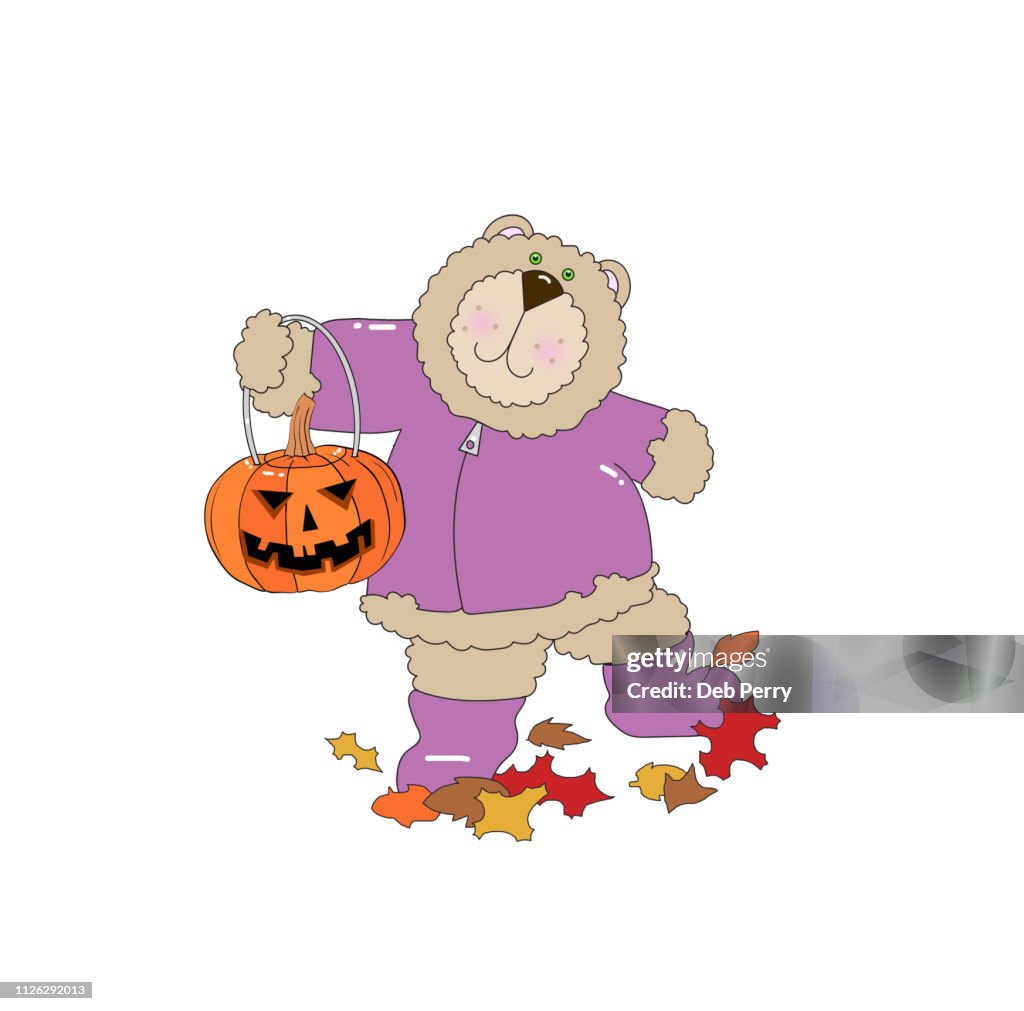 Illustration of a cute bear holding a jack-o-lantern on a white background