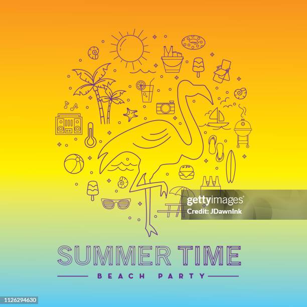 summer banner design with text and summer line art icons - summer bbq table stock illustrations