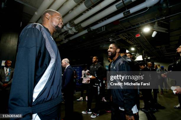 Kevin Durant and Kyrie Irving of Team LeBron are seen during the 2019 NBA All-Star Game on February 17, 2019 at the Spectrum Center in Charlotte,...