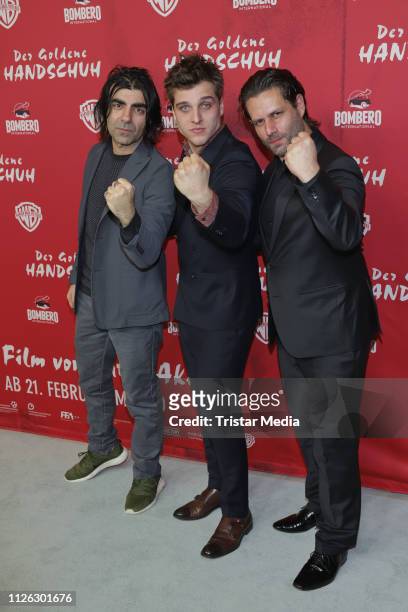 Fatih Akin, Jonas Dassler and Adam Bousdoukos attend the 'Der Goldene Handschuh' premiere at Astor Film Lounge on February 20, 2019 in Hamburg,...