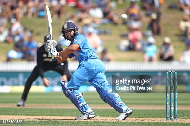 Rohit Sharma of India bats during game four of the One Day International series between New Zealand and India at Seddon Park on January 31, 2019 in...