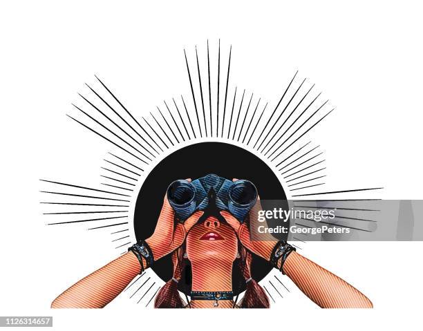 young hipster woman with binoculars - tracking progress stock illustrations