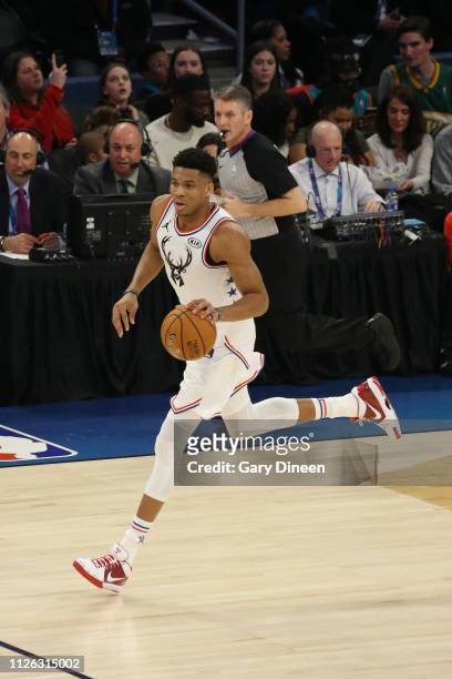 Giannis Antetokounmpo of Team Giannis handles the ball against Team LeBron during the 2019 NBA All-Star Game on February 17, 2019 at the Spectrum...