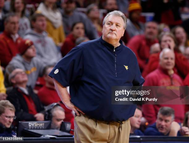 Head coach Bob Huggins of the West Virginia Mountaineers coaches from the bench in the second half of play at Hilton Coliseum on January 30, 2019 in...