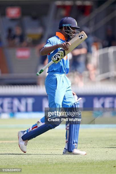 Hardik Pandya of India leaves the field during game four of the One Day International series between New Zealand and India at Seddon Park on January...