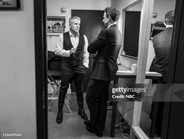Episode 803 -- Pictured: Donny Deutsch talks with host Seth Meyers backstage on February 20, 2019 --
