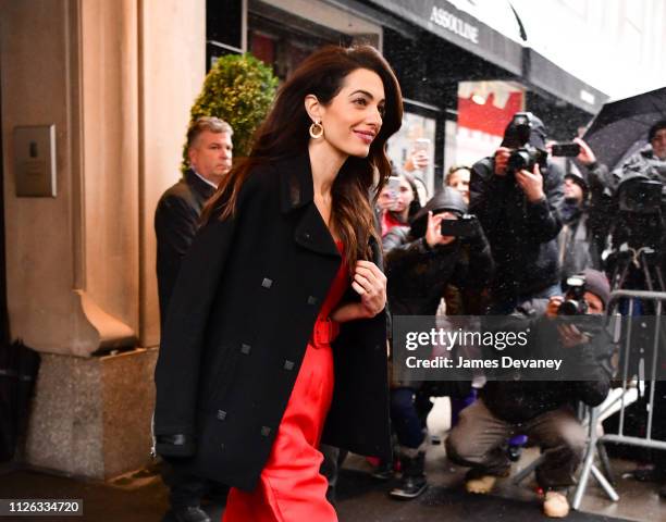 Amal Clooney leaves The Mark Hotel after attending Meghan, Duchess of Sussex's baby shower on February 20, 2019 in New York City.