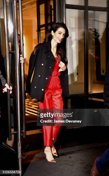 Amal Clooney leaves The Mark Hotel after attending Meghan, Duchess of Sussex's baby shower on February 20, 2019 in New York City.
