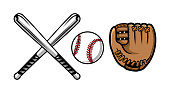 Set of baseball equipment illustrations contains bat, gloves and ball.