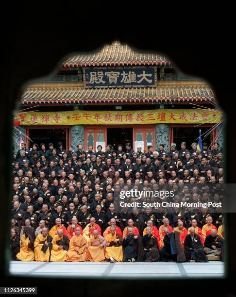 About 400 hundred monks from different countries gathering at Po Lin Monastery for a Buddhist lesson. 17 October 2002