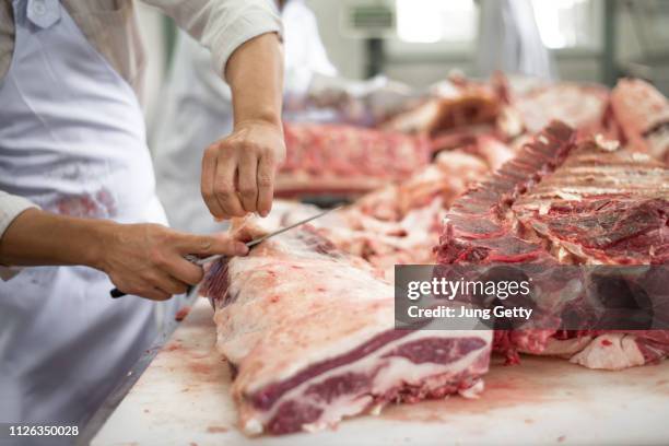 butcher cutting meat food industry concept - carnicero fotografías e imágenes de stock