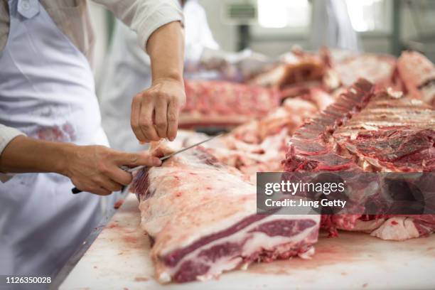 butcher cutting meat food industry concept - macellaio foto e immagini stock
