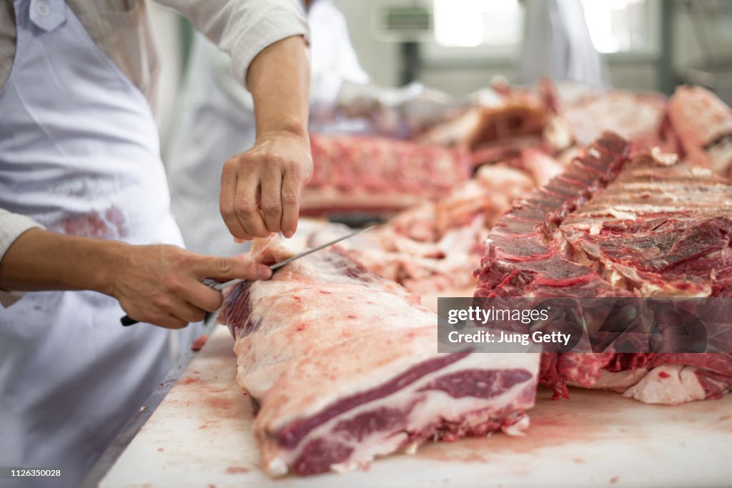 Butcher cutting meat food industry concept