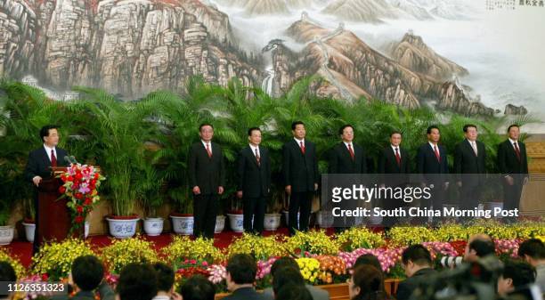 Mr Hu Jintao who is the new General Secretary of the Communist Party and President of the PRC, introduces the new Standing Committee of the 16th...