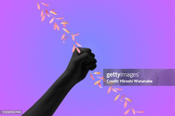 hand of shadow-woman with fluttering petals - aura stock-fotos und bilder