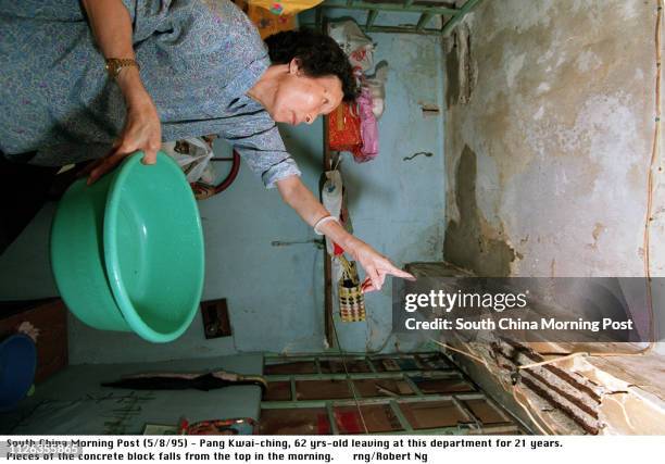 Pang Kwai-ching has been living in this house for 21 years, found the leaking roof and pieces of concrete block fell from the ceiling after the heavy...