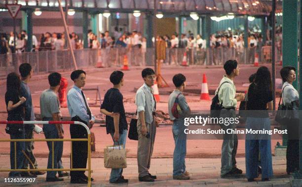 Long queue for ferry to Tuen Mun after the office hour in Central.