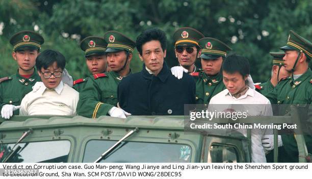 Verdict on Corruption case. Guo Manpeng; Wang Jianye and Liang Jianyun leaving the Shenzhen Sport ground to Execution Ground, Sha Wan 28 DEC 95.