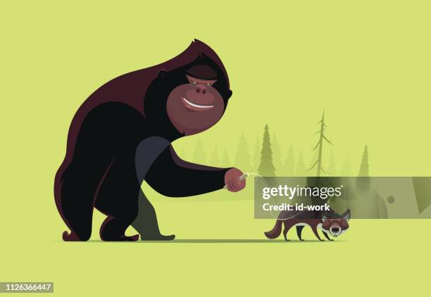 stockillustraties, clipart, cartoons en iconen met bigfoot wandelen met wolf - two animals