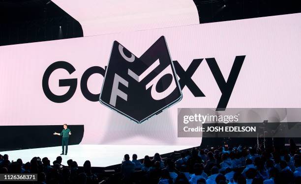 Samsung senior vice president of product marketing Justin Denison speaks on stage about the new foldable phone during the Samsung Unpacked product...