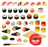 Sushi and rolls, gunkan, temaki and inari, ikura