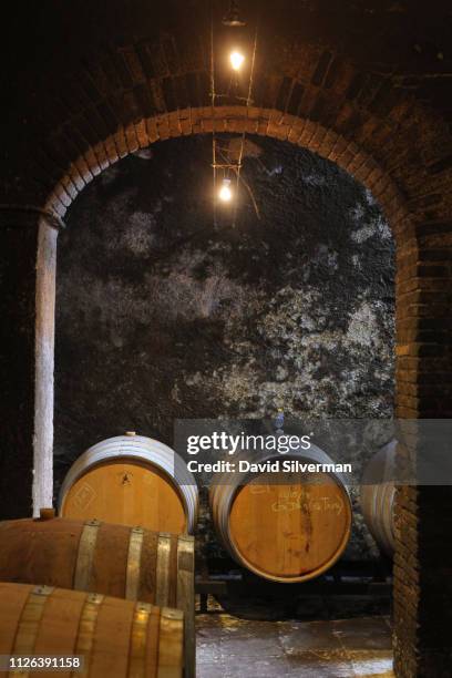 Wine ages in oak casks in the cellar of the Priorat DOQ winery Clos Figueras on October 5, 2018 in Gratallops in the Catalonian province of Tarragona...