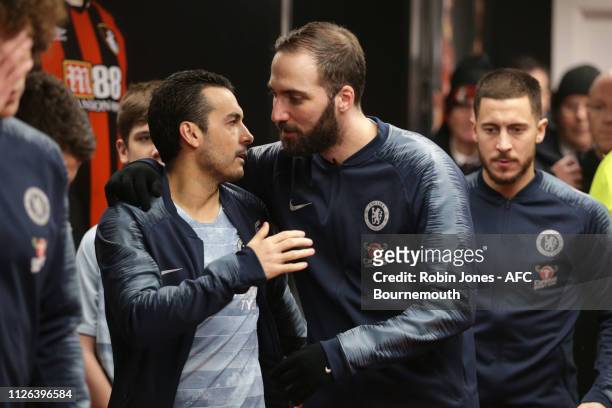 Pedro and Gonzalo Higuain of Chelsea in the tunnel before the Premier League match between AFC Bournemouth and Chelsea FC at Vitality Stadium on...