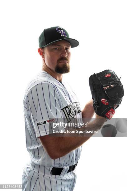 Colorado Rockies pitcher Mike Dunn poses for a portrait during the Colorado Rockies photo day on Wednesday, Feb. 20, 2019 at Salt River Field at...