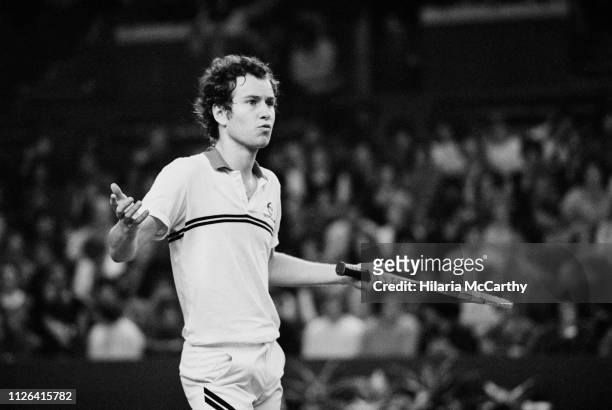 American tennis player John McEnroe during the final at Benson & Hedges Championships, Wembley Arena, London, UK, 16th November 1981.