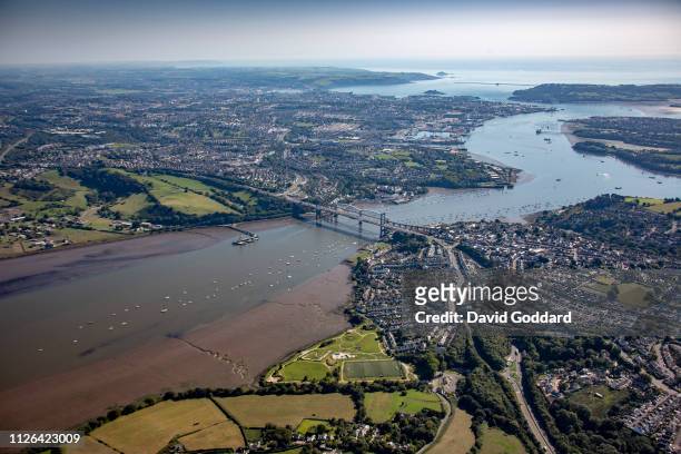 An aerial photograph of the River Tamar and bridges, bordering Plymouth, Devon to the east and Saltash, Cornwall to the west on the 27th September...