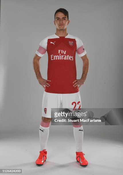 Arsenal unveil new signing Denis Suarez at London Colney on January 31, 2019 in St Albans, England.