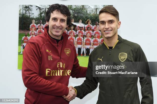 Arsenal new signing Denis Suarez with Head Coach Unai Emery at London Colney on January 31, 2019 in St Albans, England.