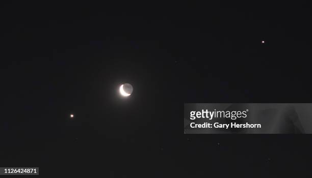 Trio of bright lights, Venus, a crescent moon and Jupiter align as they rise in the pre-dawn sky over New York City on January 31 as seen from...