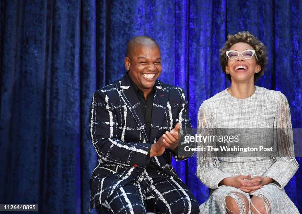 Artists, Kehinde Wiley and Amy Sherald are seen during an event as former President Barack Obama and former First Lady Michelle Obama have their...