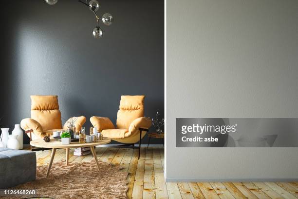 interieur mit sessel und leere wand - table brick wall wood stock-fotos und bilder