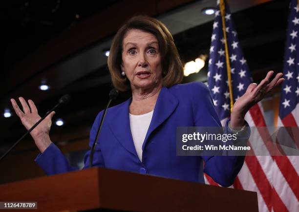 Speaker of the House Nancy Pelosi answers questions during her weekly press conference on January 31, 2019 in Washington, DC. Pelosi answered a range...