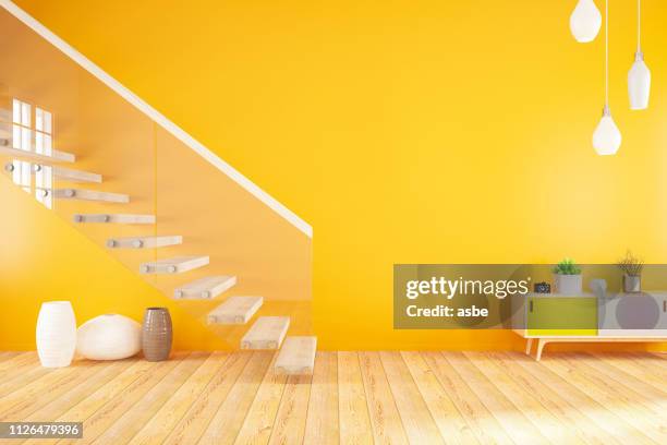 empty modern orange interior with stairs - yellow house stock pictures, royalty-free photos & images