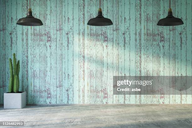 empty wooden wall with lights and plant - rustic imagens e fotografias de stock